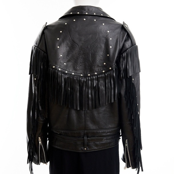 Black leather fringed jacket / XL - Picture 5 of 10